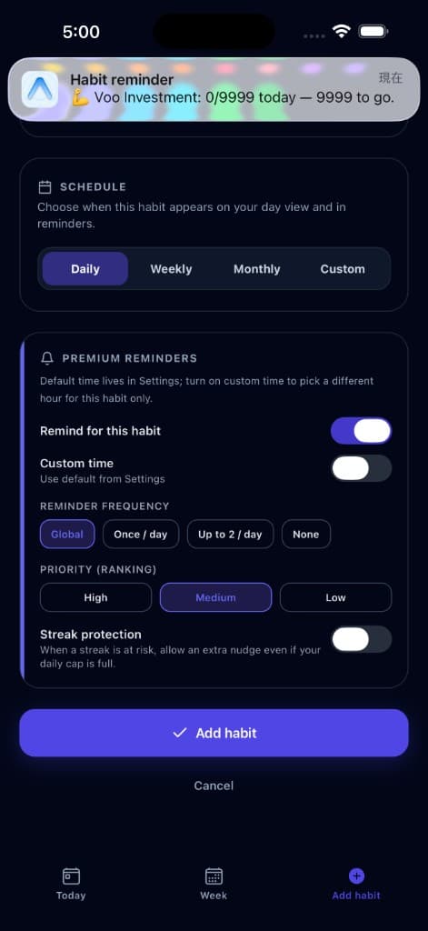 Habitcore add habit screen showing reminder and schedule settings in a neon-dark UI.