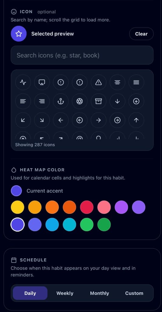 Habitcore add habit flow showing icon picker and accent colors in a neon-dark UI.